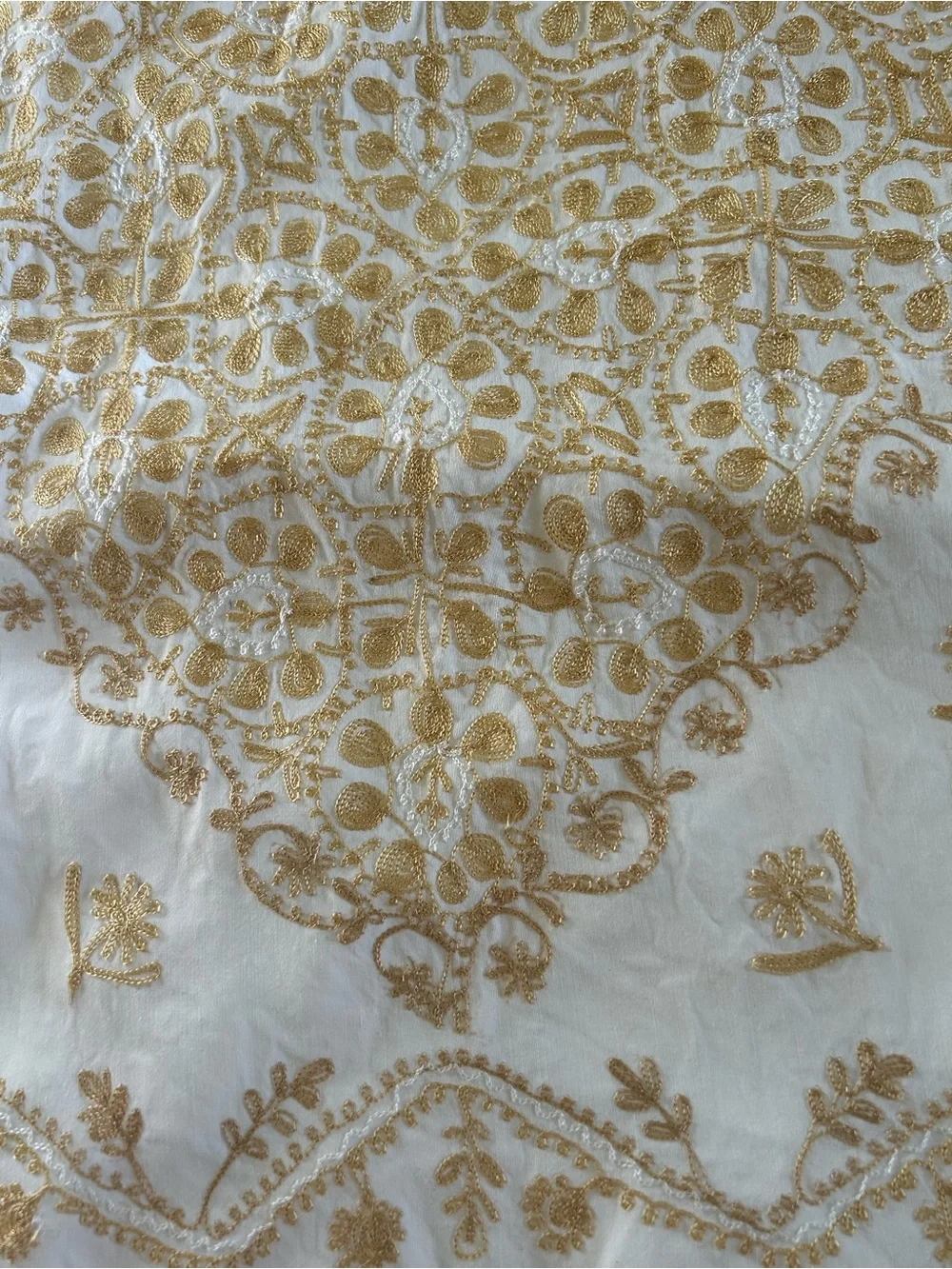 Machine -Embroidered Cream Tablecloth or Shawl with Gold Floral Motif 36 in sq